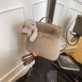 Beige plush faux fur bucket bag with a cute rabbit charm and brown leather handle - With Pendant / Apricot