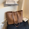 Chic brown faux leather tote bag with lychee texture for stylish daily commuting - Khaki