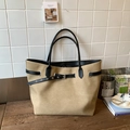 Khaki suede tote bag with black leather handles and decorative metallic buckles - Khaki