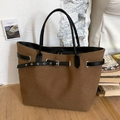 Fashionable dark coffee suede tote bag with black decorative buckle and large capacity - Brown