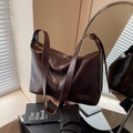 Retro large capacity dark brown PU leather shoulder bag with glossy finish for women - Brown