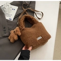 Brown teddy plush bucket bag with adjustable strap and cute bear pendant accessory - Brown with Pendant