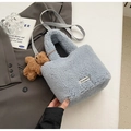 Light blue plush bucket bag with cute bear charm and adjustable shoulder strap - Blue with Charm