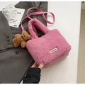 Sac seau en peluche rose avec charm ours et bandoulière amovible pour femme - Rose Rouge avec pendentif