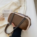 Dark brown leather shoulder bag with plush beige trim and metal chain strap details - Brown