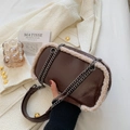 Dark brown patent leather crossbody bag with cream faux fur trim and metal chain strap - Coffee