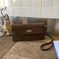Dark brown suede rectangular shoulder bag with silver turn-lock and leather strap - Brown