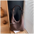 Detail of vintage brown hobo bag with braided rope strap and wooden bead accents - Coffee (With Charm)