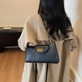 Elegante borsa a tracolla nera con chiusura dorata e texture su un trench coat beige classico - Nero