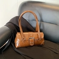 Brown vintage faux leather underarm bag with silver rivets and decorative buckle - Brown