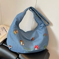 Borsa tote in denim blu con ricami forestali colorati e chiusura a zip sicura - Blu