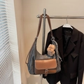 Olive green canvas and brown leather tote bag with a cute plush bear charm - Black with Pendant