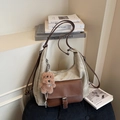 Light green vintage tote bag with brown leather straps and a cute plush bear charm - Cream White With Pendant