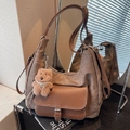 Brown vintage faux suede tote bag with front flap pocket and cute puppy charm - Coffee with Pendant