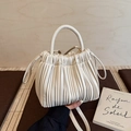 Elegante borsa a secchiello plissettata crema con manico e tracolla regolabile fine - Bianco Sporco