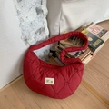 Detail of red quilted heart-pattern puffy dumpling bag with Sunny pearl label - Red