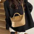 Brown woven texture handbag with adjustable crossbody strap and top handles for women - Brown