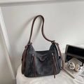 Deep grey vintage canvas tote bag with brown leather straps and adjustable side buckles - Black (Without Charm)