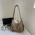 Retro brown oversized shoulder bag with silver decorative zippers and long tassels - Brown (Without Pendant)