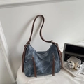 Grey-blue vintage tote bag with brown straps and fringe zippers in office setting - Blue (Without Charm)