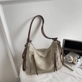 Vintage khaki faux leather tote bag with double zippers and brown shoulder straps - Beige (No Pendant)