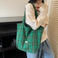 Borsa tote in tela a quadretti verde con etichetta fatta a mano e grande capacità - Verde