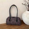Bolso baguette retro con estampado de leopardo, asas de cuero negro y gran capacidad diaria - Negro