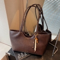 Brown woven tote bag with wooden bead charm and dual handles for elegant women's fashion - Coffee with Pendant