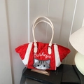 Red quilted tote bag with white faux fur trim and cute embroidered cat design - Red