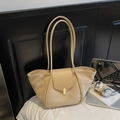 Beige suede tote bag with golden clasp closure and long leather shoulder straps - Khaki