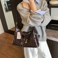 Deep brown glossy patent leather underarm tote bag with vintage wrinkled texture - Brown