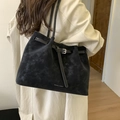 Black suede oversized tote bag with thin leather straps and decorative buckle detail - Black