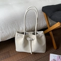 Minimalist cream white PU leather tote bag with retro belt buckle and long handles - White
