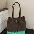 Vintage dark brown faux suede tote bag with slim shoulder straps and metal buckle detail - Brown