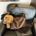 Vintage dark brown large capacity crossbody bag with a plush lion keychain charm - Coffee with Pendant