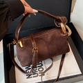 Retro cylinder Boston bag in dark brown suede with gold ring handles and crossbody strap - Brown