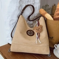 Beige faux suede large tote bag with brown leather straps and teddy bear charm - With Charm / Beige