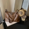 Vintage dark brown leather tote bag with a matching plush charm and wide strap - Brown with Pendant