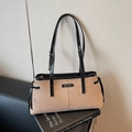 Minimalist camel suede and black leather tote bag with silver MEIGEFEI hardware - Khaki