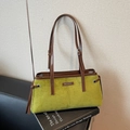 Green suede and brown leather minimalist tote bag with adjustable silver strap buckle - Green