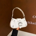 Vintage Y2K white patent leather underarm bag with silver rivets and metal buckle - White