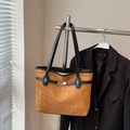 Grande borsa tote vintage in pelle scamosciata marrone con finiture in pelle nera - Marrone