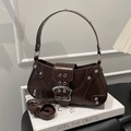 Vintage chocolate brown faux leather baguette bag with silver rivets and buckle - Brown