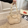 Chic cream-white plush handbag with faux rabbit fur, bow detail and ruffled handle - Khaki
