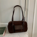 Dark brown suede shoulder bag with long straps and a front leather flap pocket - Brown