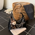 Black glossy moon bag with silver chain and cute plush bear charm detail - With Charm / Black
