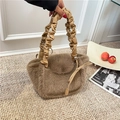 Brown fluffy plush tote bag with khaki ruched leather handle for autumn and winter - Brown