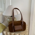Retro dark brown suede bowling bag with dual leather shoulder straps and front flap pocket - Brown