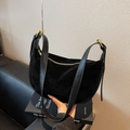 Retro black suede crescent hobo bag with adjustable leather strap and gold hardware - Black