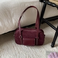 Burgundy faux suede shoulder bag with textured leather patchwork and top zipper - Red